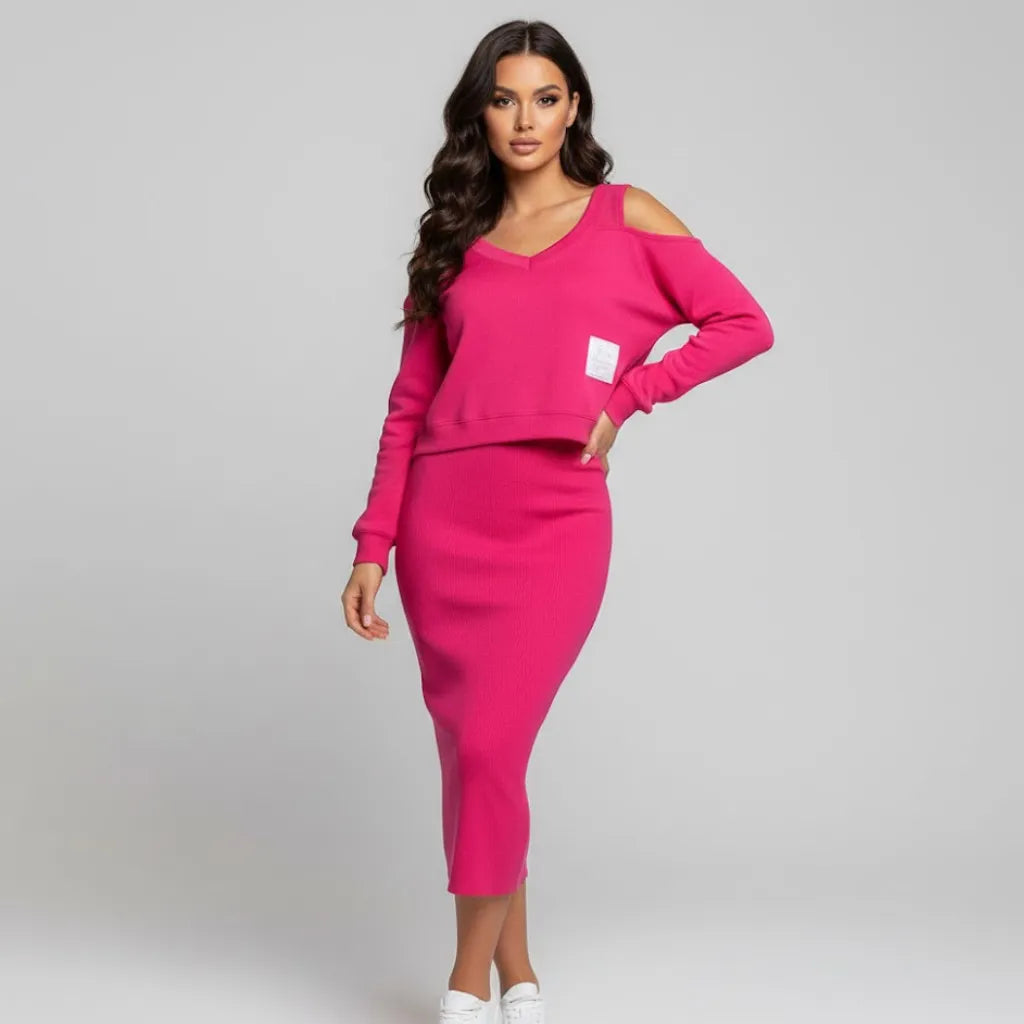 Conjunto elegante em mistura suave | Saia midi e sweatshirt curta | Estilo urbano sofisticado