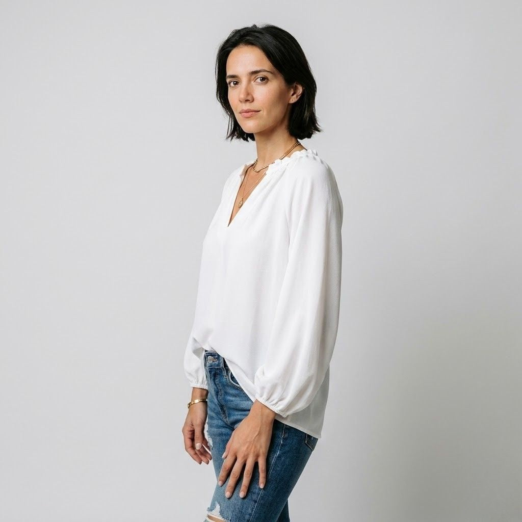 Blusa Fluída com Decote em V e Manga Comprida para Elegância Natural
