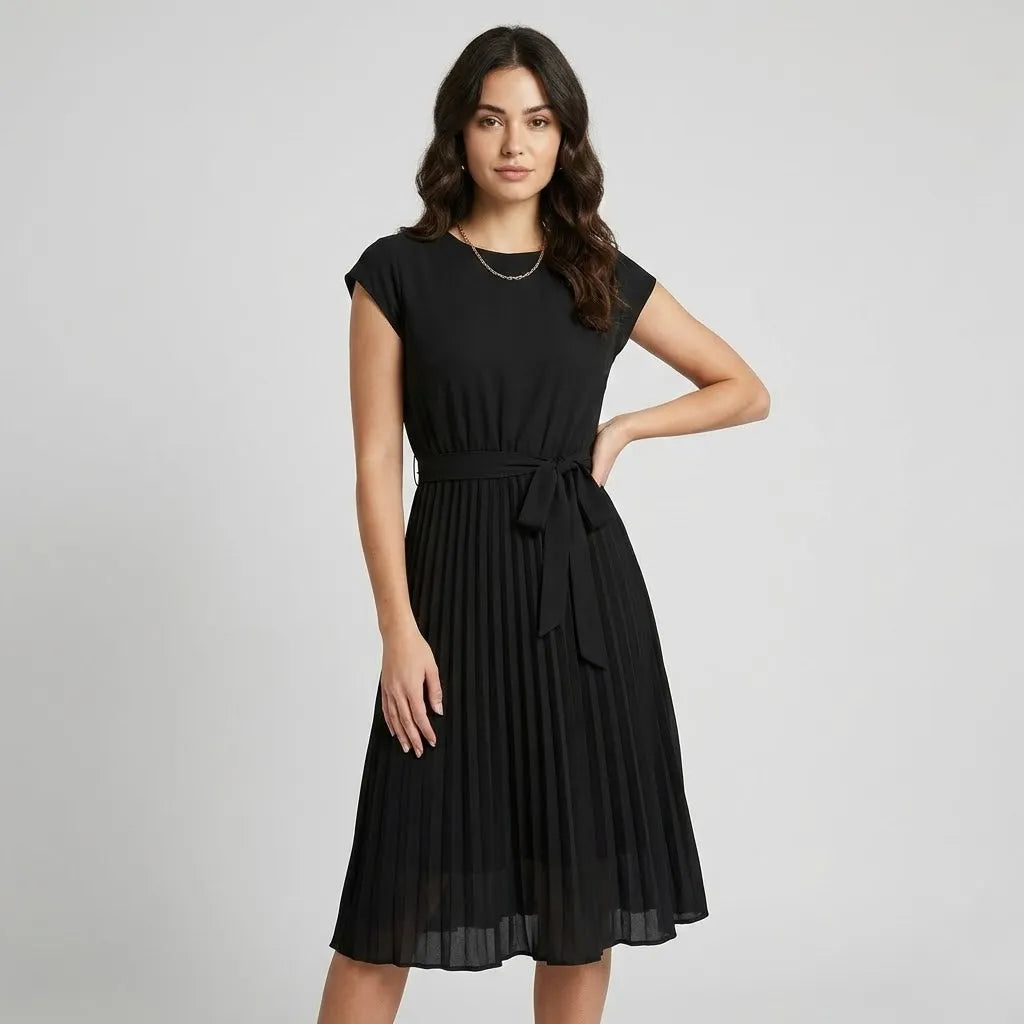 Vestido midi plissado em mistura de viscose | Cintura ajustável | Elegância versátil
