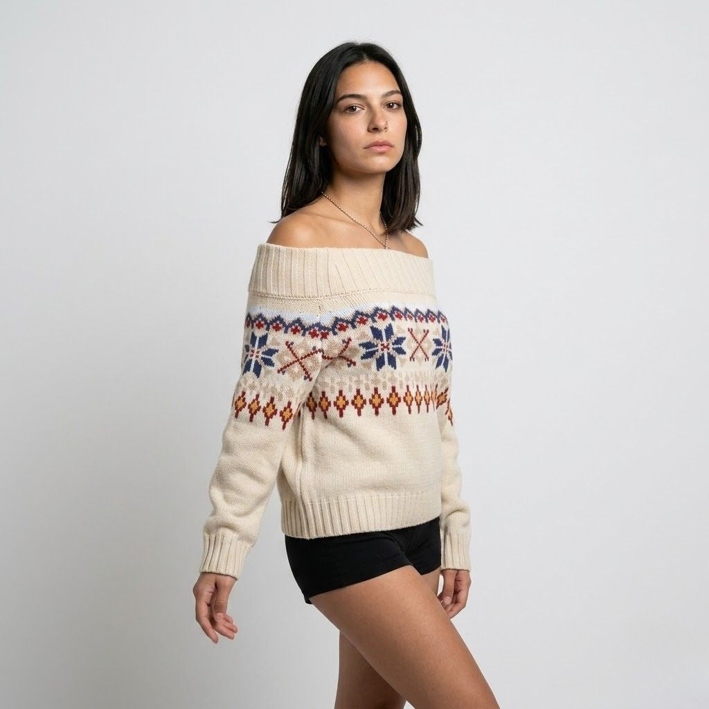 Camisola Ombros à Mostra com Padrão Nórdico e Conforto Envolvente