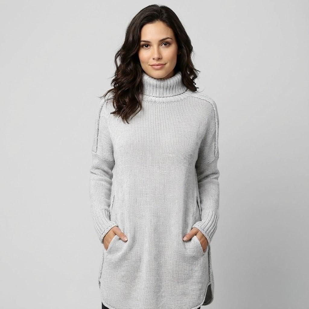 Camisola comprida de malha aconchegante em mistura de lã | Corte relaxado | Gola alta envolvente
