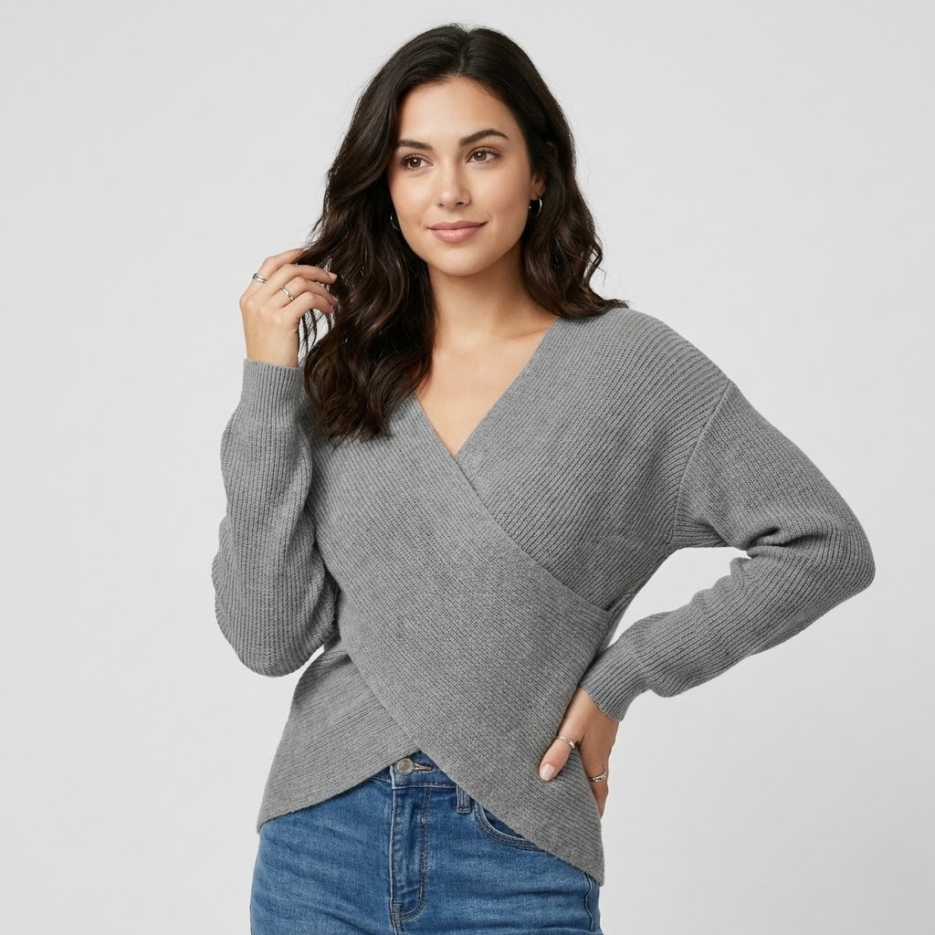 Camisola cruzada em malha canelada | Corte confortável | Decote em V elegante