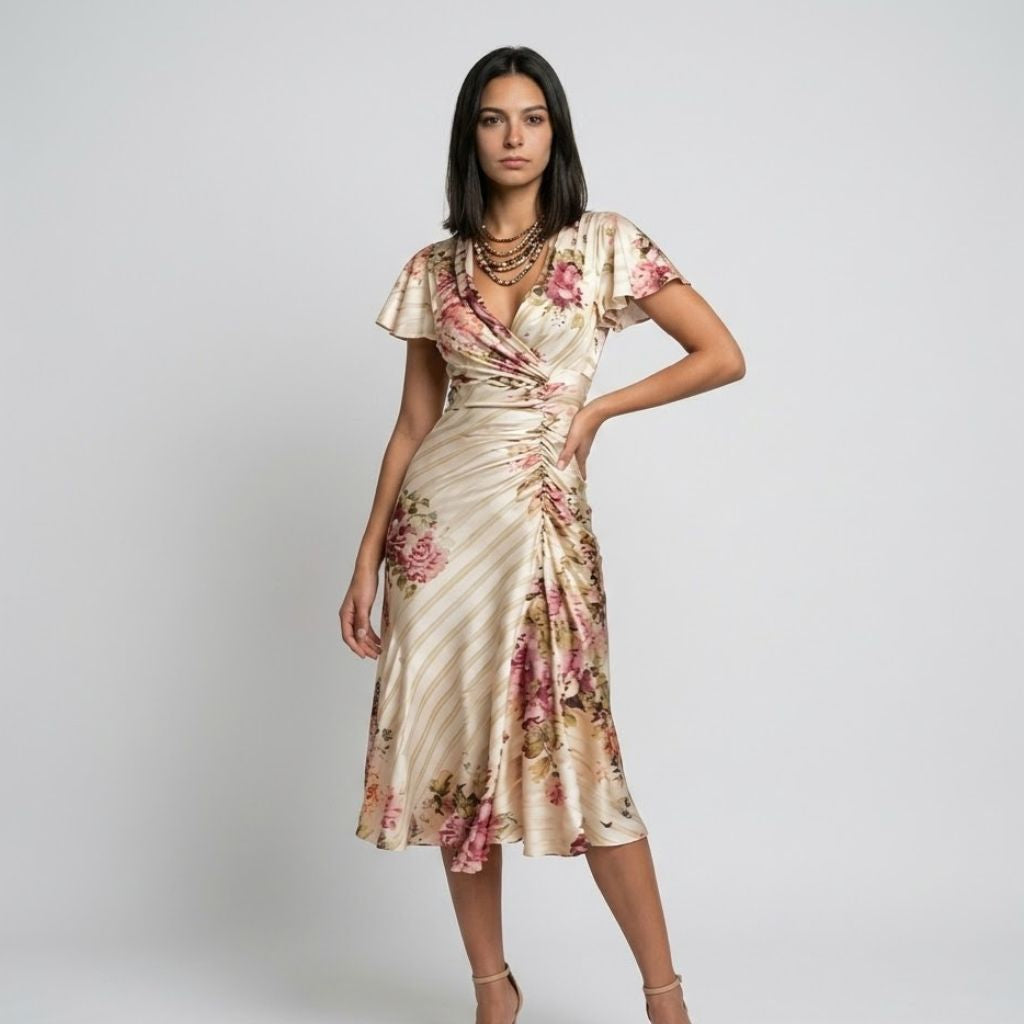Vestido Midi Transpassado com Franzido Lateral e Movimento Elegante
