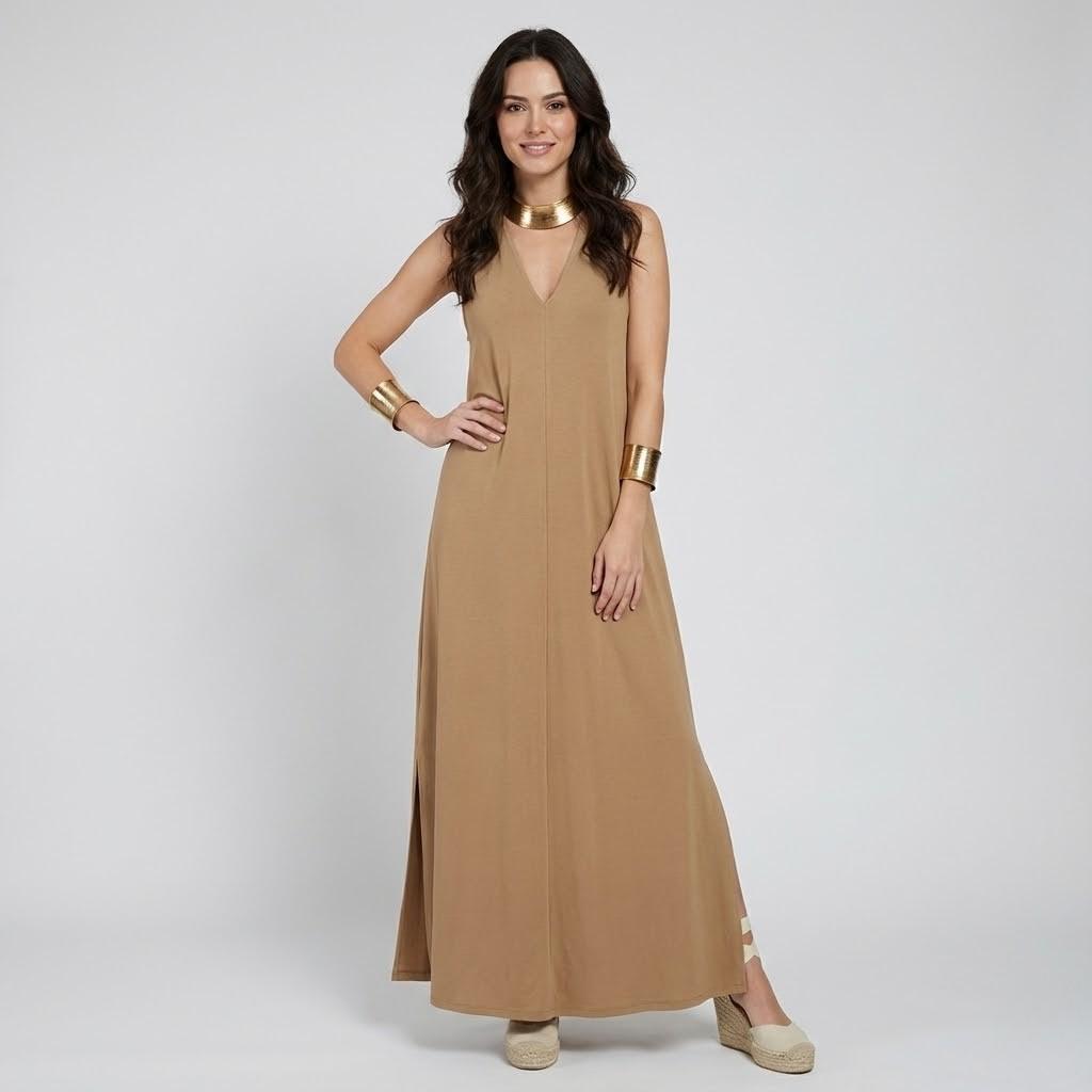 Vestido longo fluido de inspiração clássica | Decote em V | Elegância intemporal