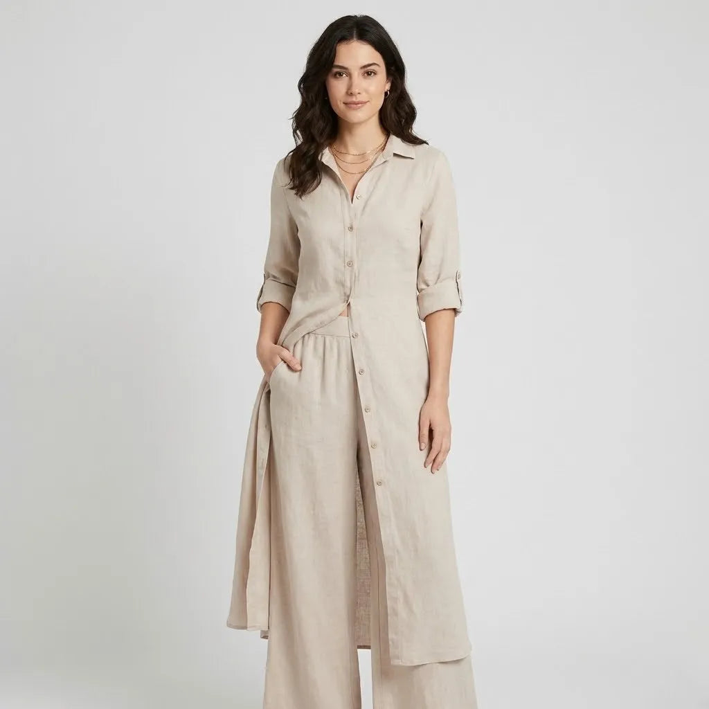 Conjunto fluido em mistura natural | Camisa longa e calças largas | Elegância leve e intemporal