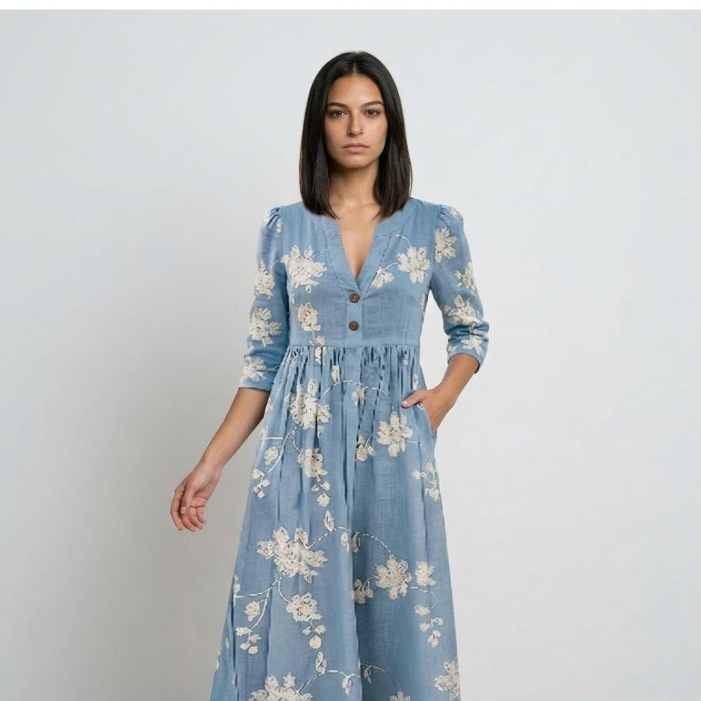 Vestido Midi Floral com Botões e Cintura Confortável