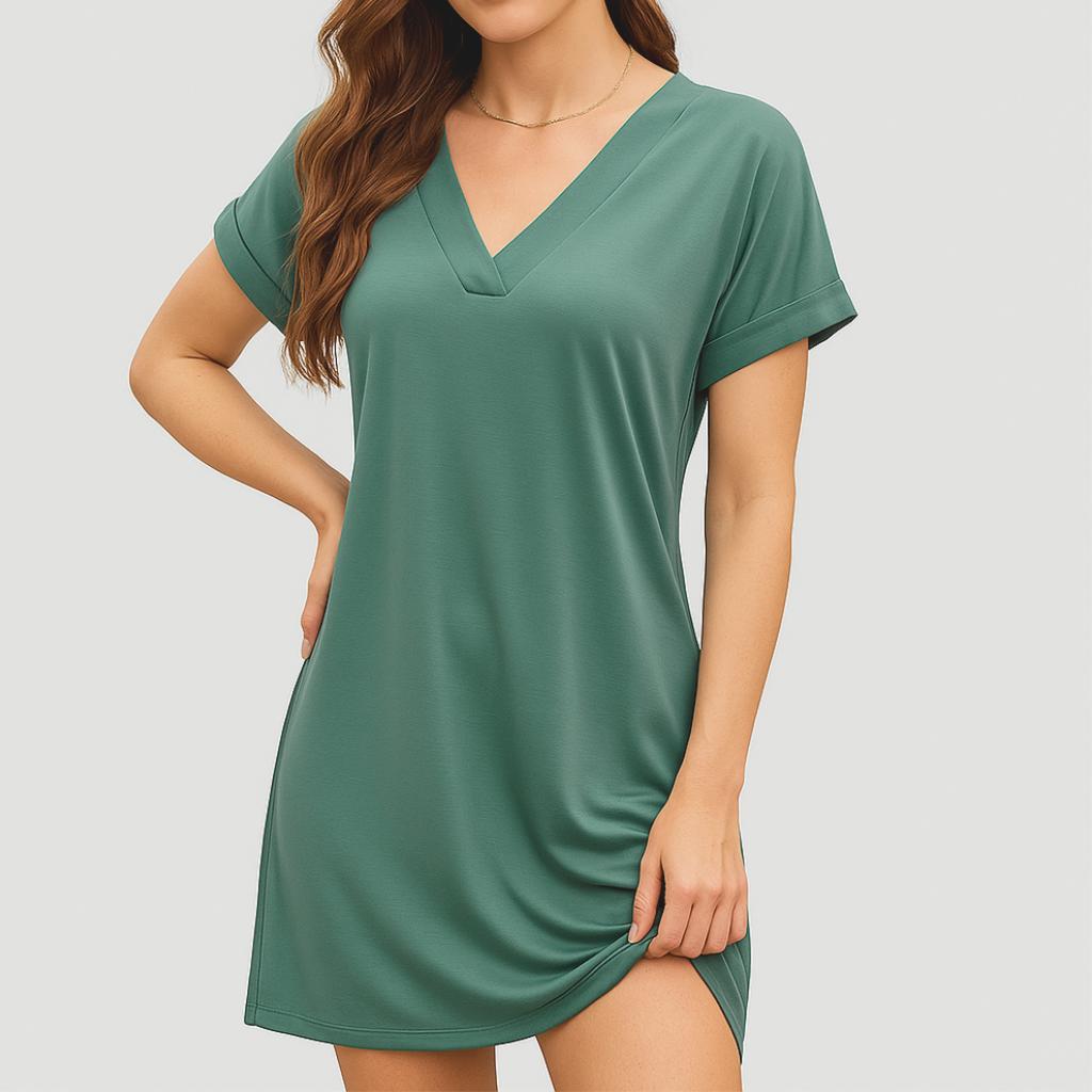 Vestido midi elegante com decote em V e corte fluido