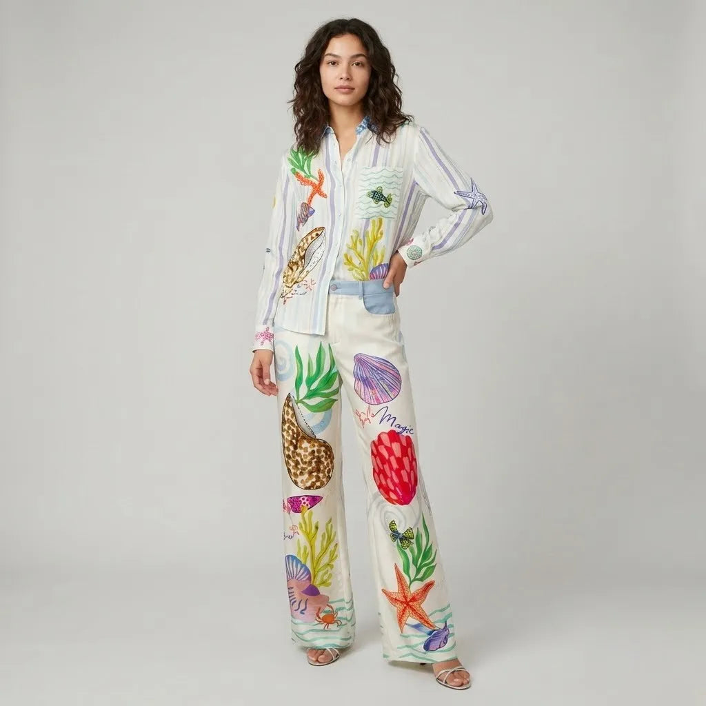Conjunto Fluido Estampado com Calça Ampla para Elegância Descomplicada
