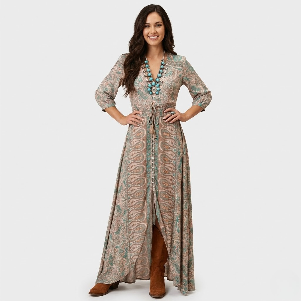 Vestido boémio fluido em mistura de viscose | Cintura ajustável | Movimento natural com charme artesanal