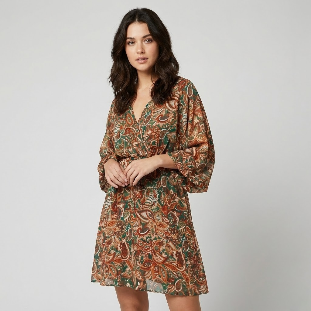 Vestido boémio em mistura de viscose | Corte solto ajustável | Estilo descontraído e feminino