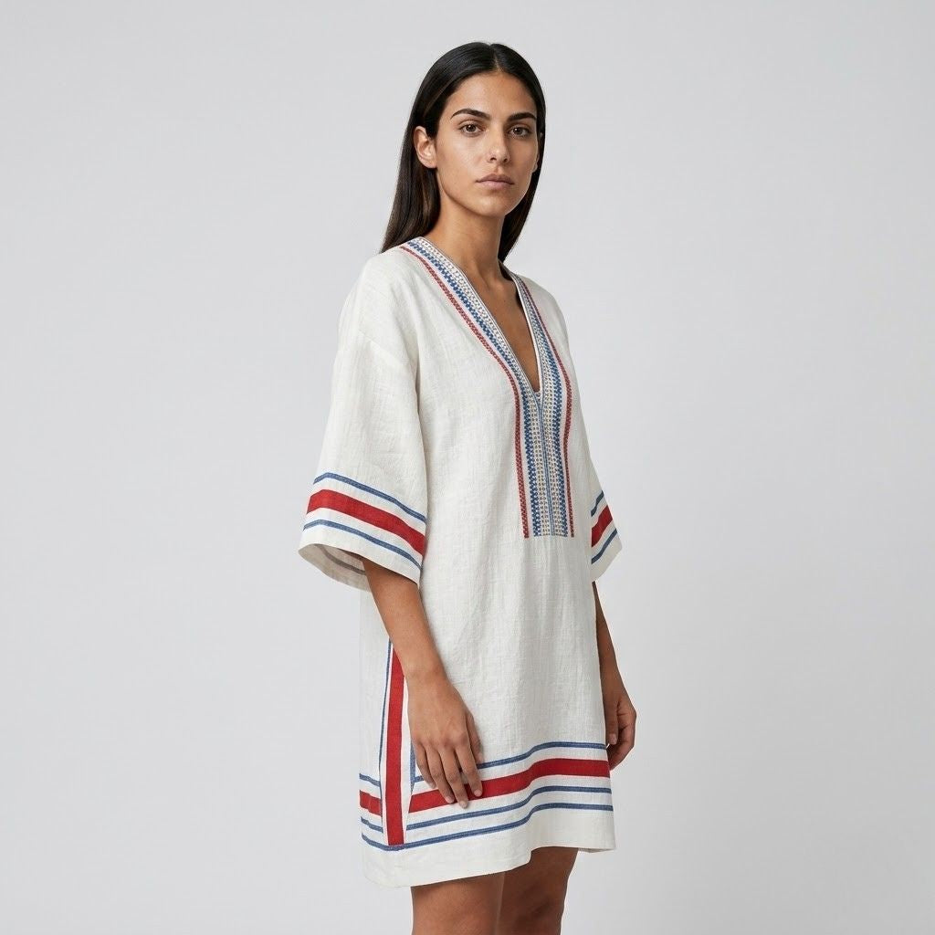 Vestido Túnica Curto com Bordado Frontal e Corte Solto de Verão