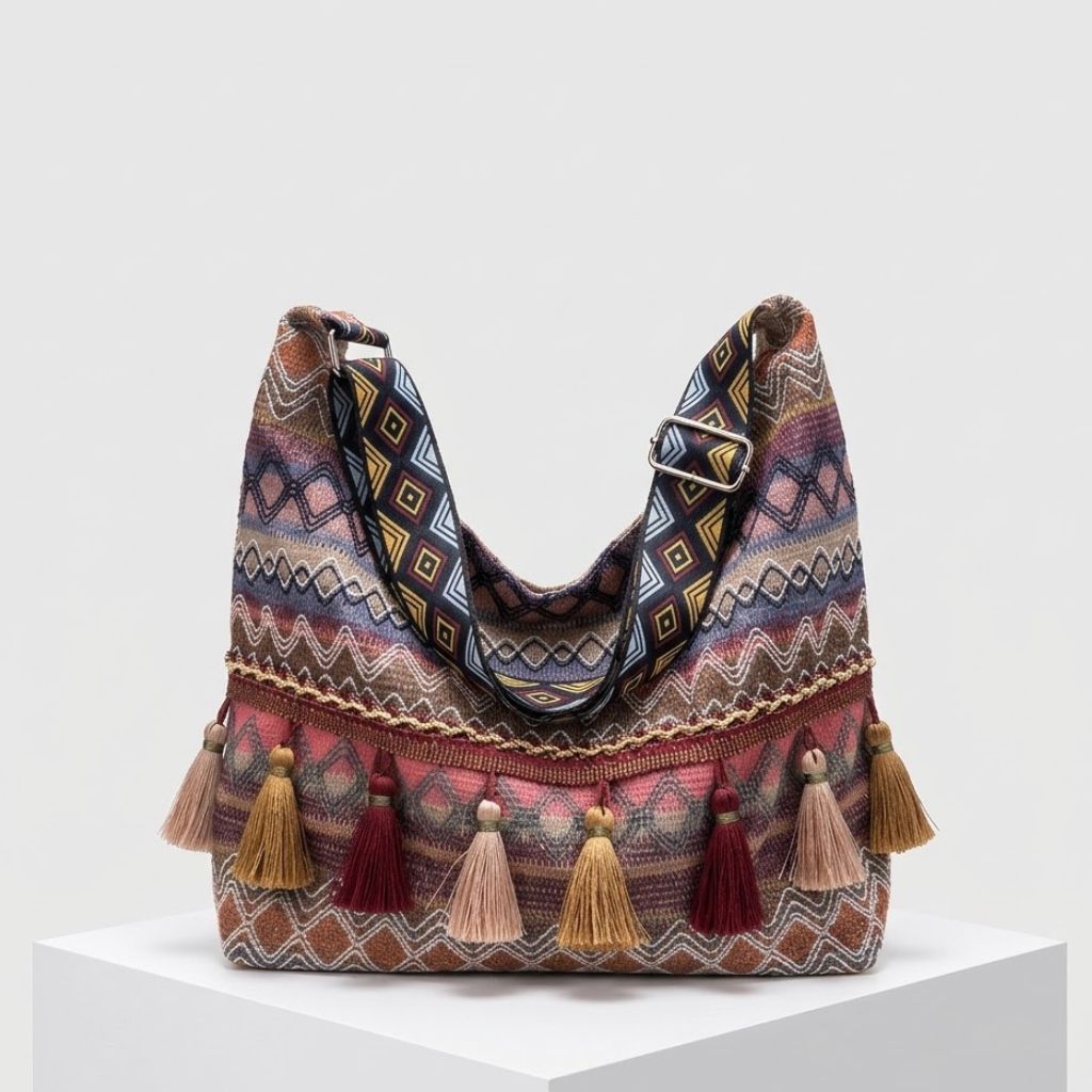 Mala de Ombro Boho com Padrão Étnico e Detalhes Decorativos