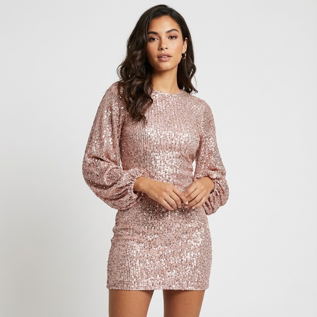 Vestido curto cintado com brilho subtil | Mangas amplas | Elegância noturna