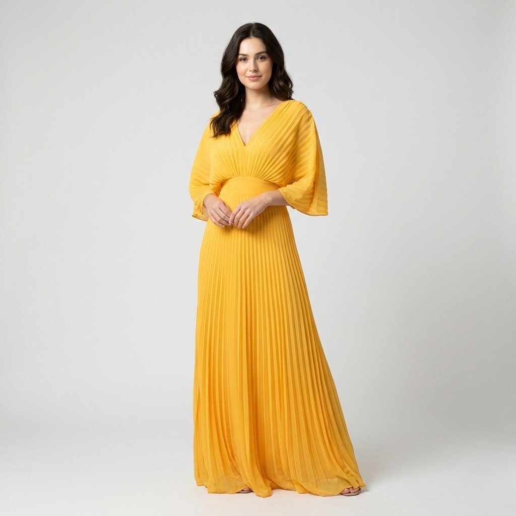 Vestido maxi plissado em mistura de viscose | Decote em V | Elegância luminosa