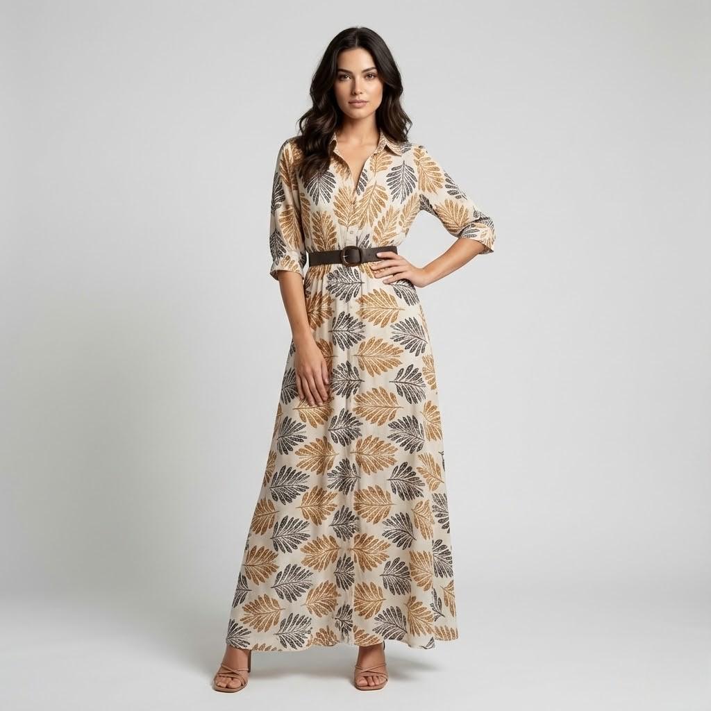 Vestido midi fluido em mistura natural | Corte feminino | Detalhe recortado na cintura