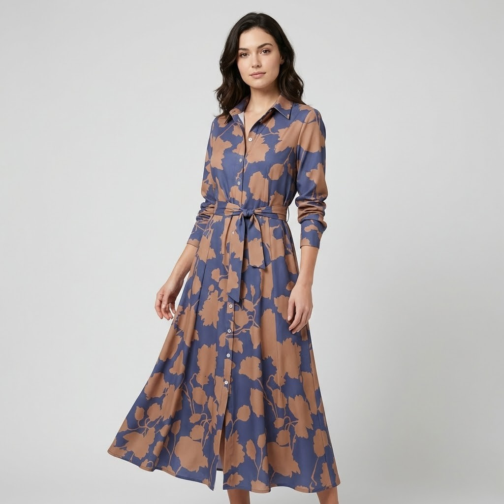 Vestido midi fluido em mistura de viscose | Cintura marcada | Elegância contemporânea