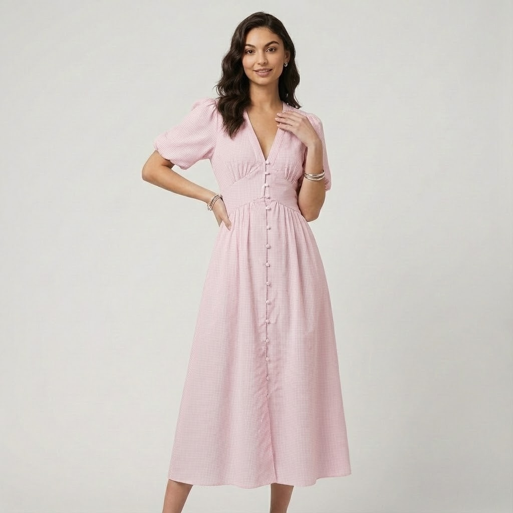 Vestido midi fluido em algodão suave | Cintura marcada | Elegância intemporal