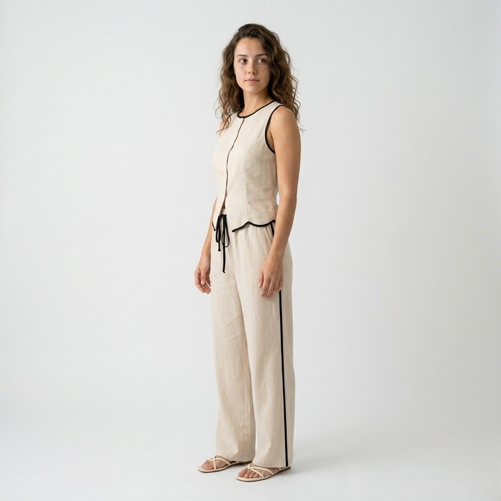Conjunto Elegante com Top Sem Mangas e Calça Ampla com Detalhe Contrastante