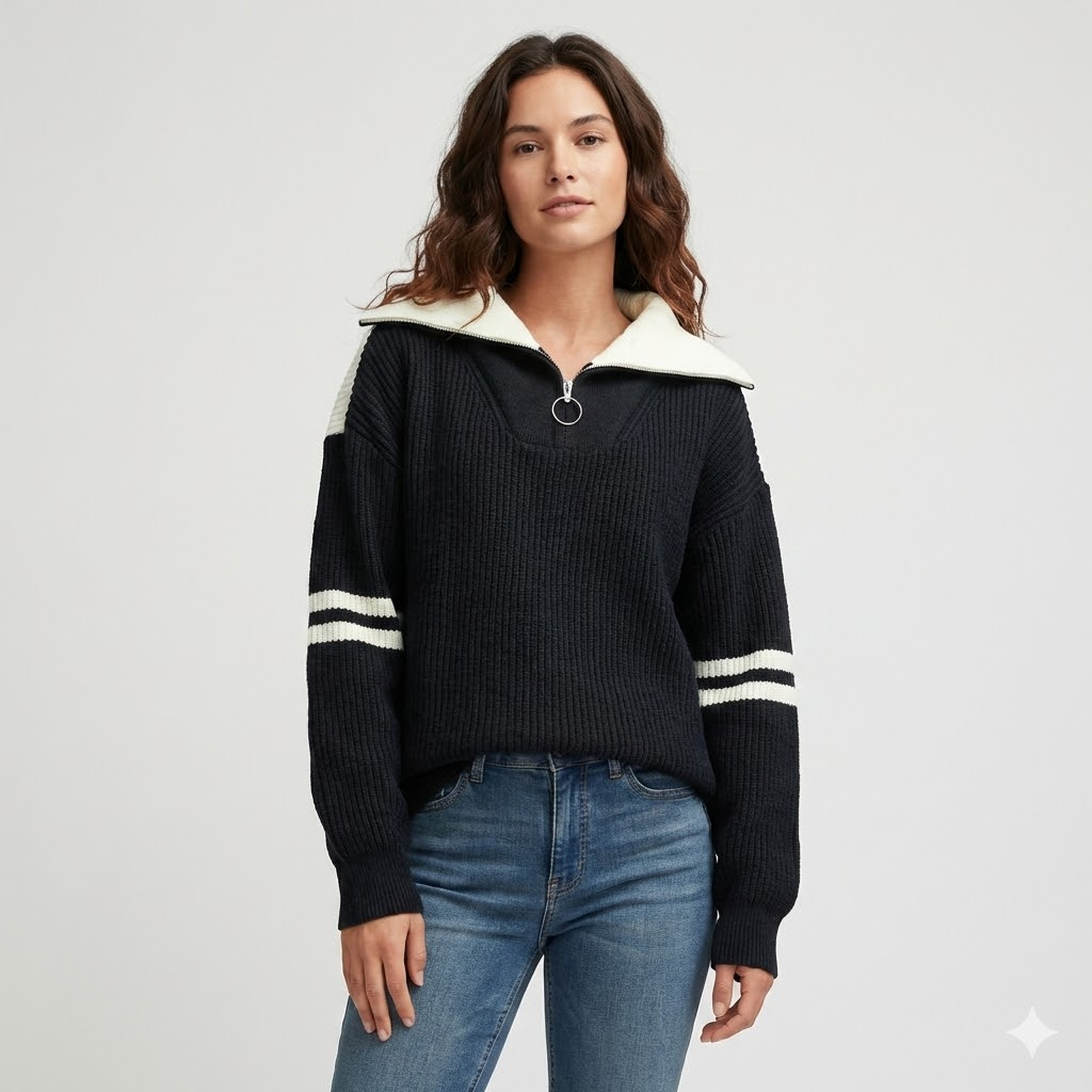 Camisola de malha canelada com gola contrastante | Corte descontraído | Fecho meia-zíper frontal