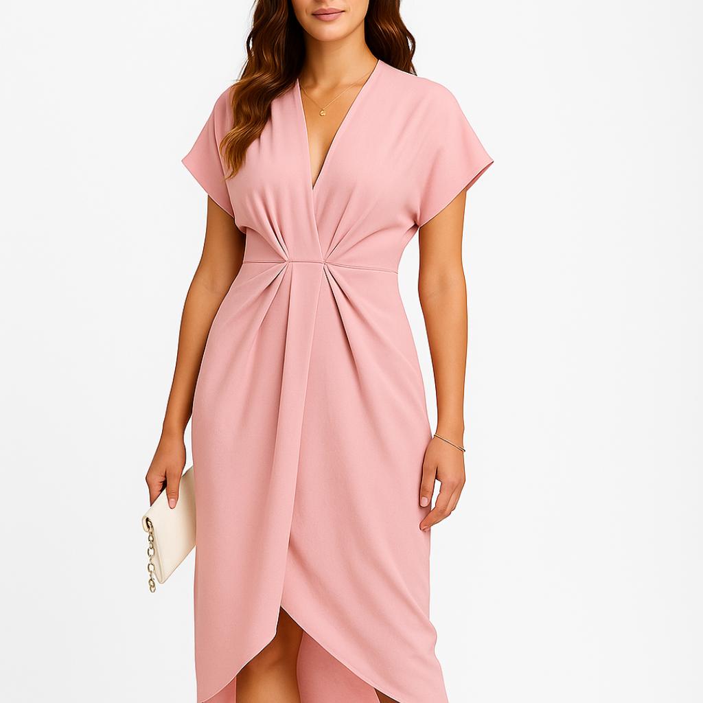 Vestido midi elegante com decote em V e abertura frontal