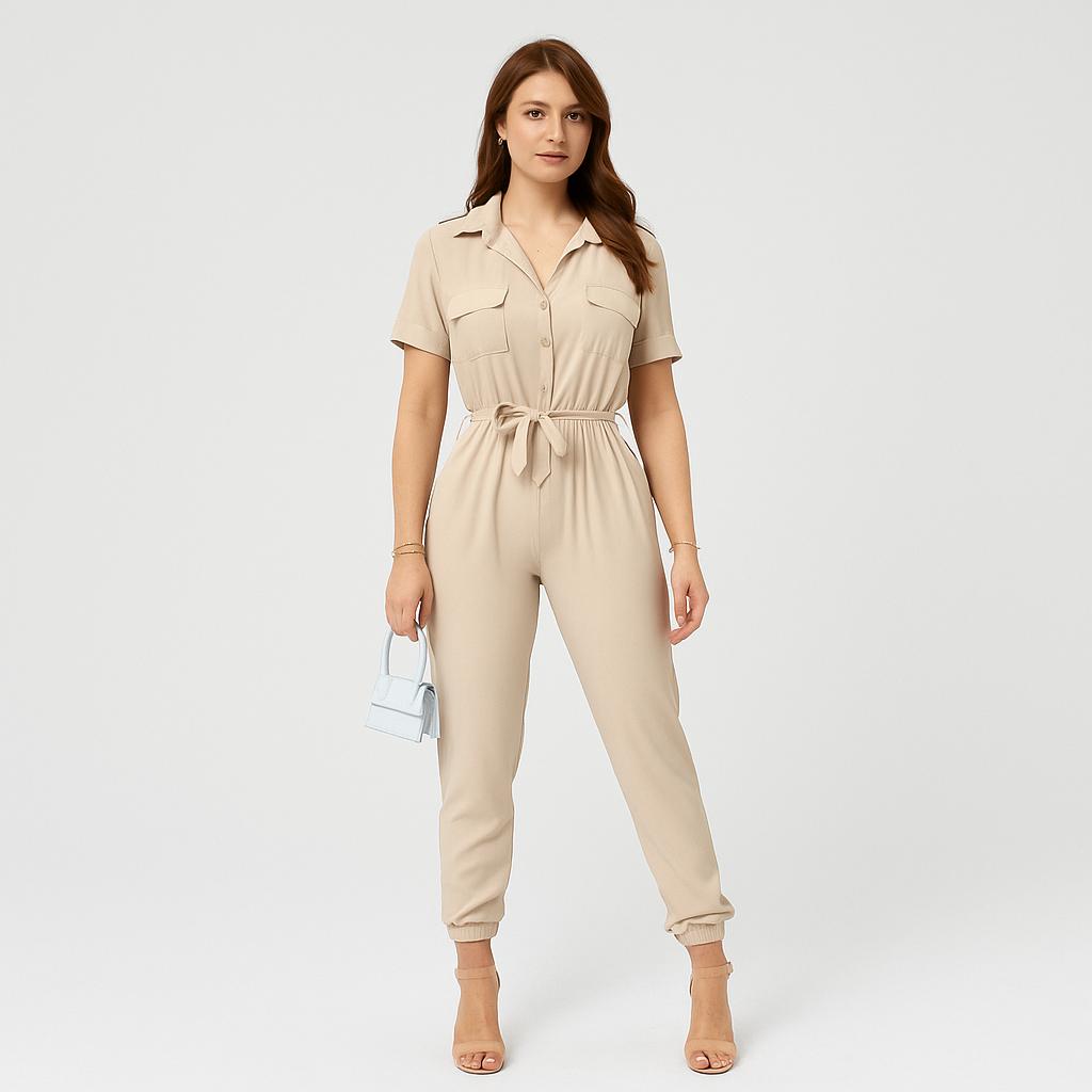 Macacão feminino de manga curta com cintura ajustável