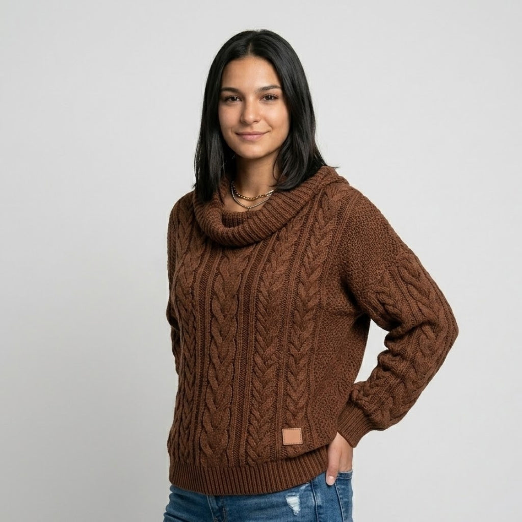 Camisola de Malha com Gola Ampla e Trança Estruturada