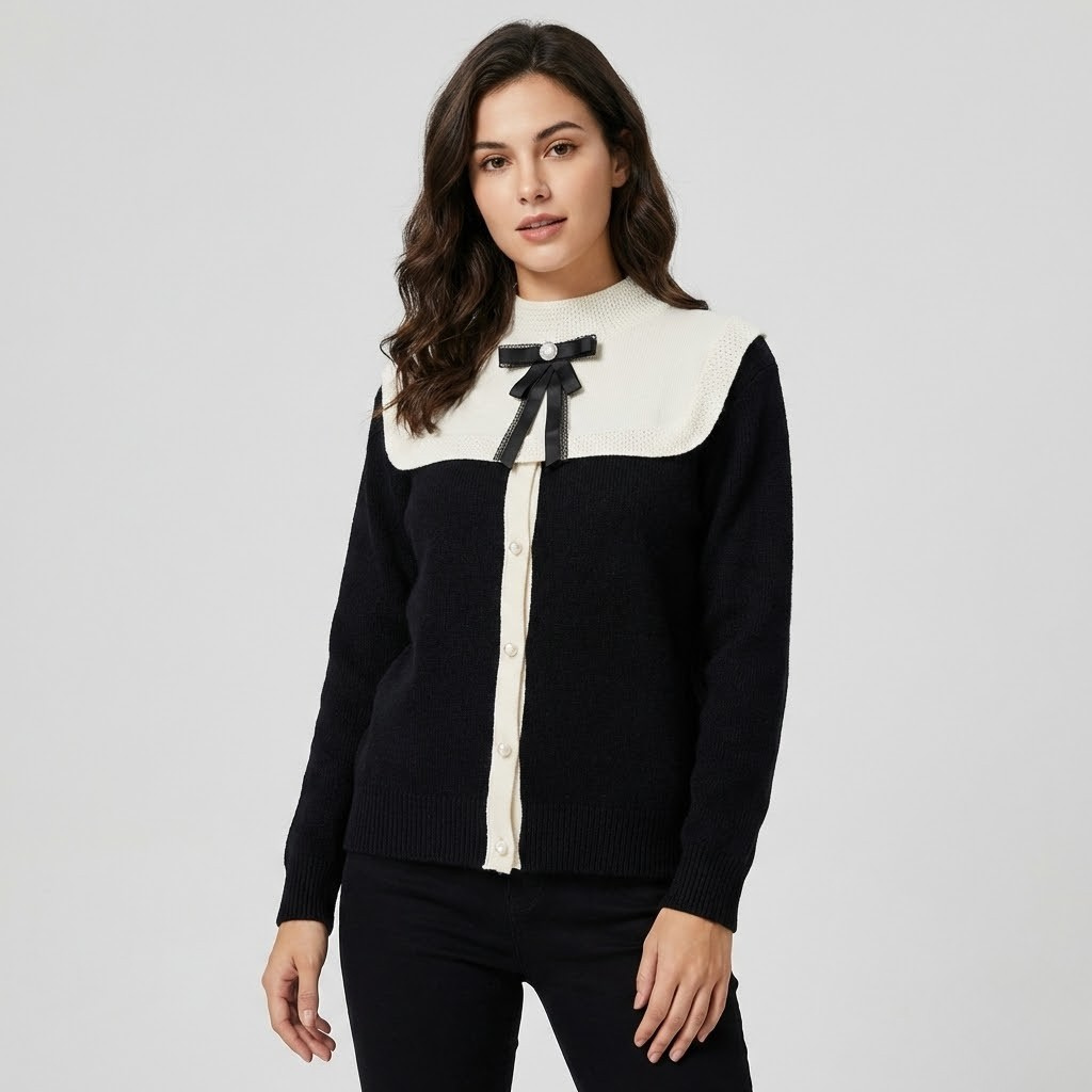 Camisola de malha elegante com gola contrastante | Corte clássico | Laço decorativo frontal