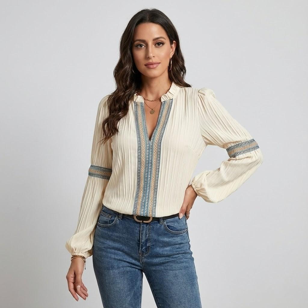 Blusa elegante com inspiração artesanal | Corte fluido | Detalhes bordados delicados