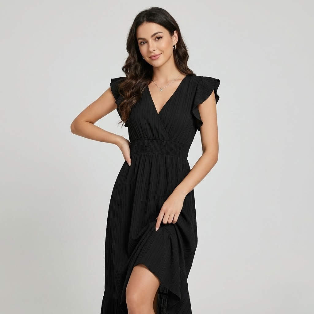 Vestido fluido em mistura de viscose | Cintura marcada | Elegância leve para o quotidiano