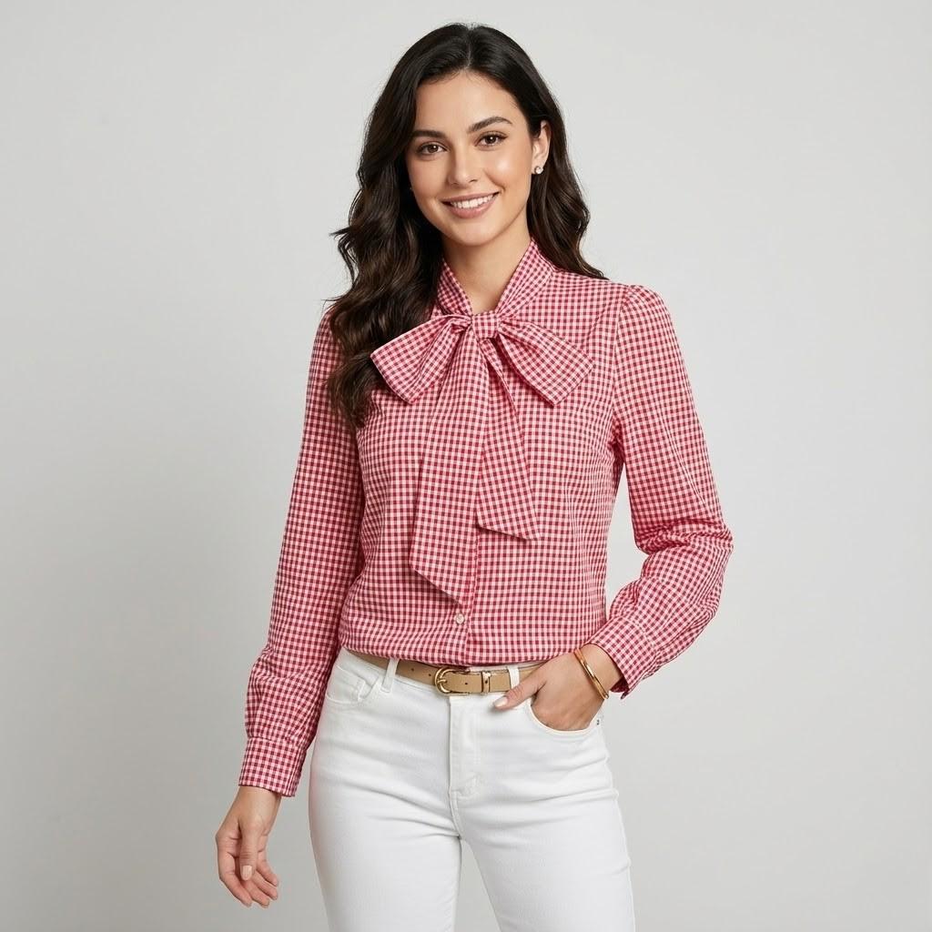 Blusa elegante em mistura de algodão | Corte direito | Laço decorativo no decote
