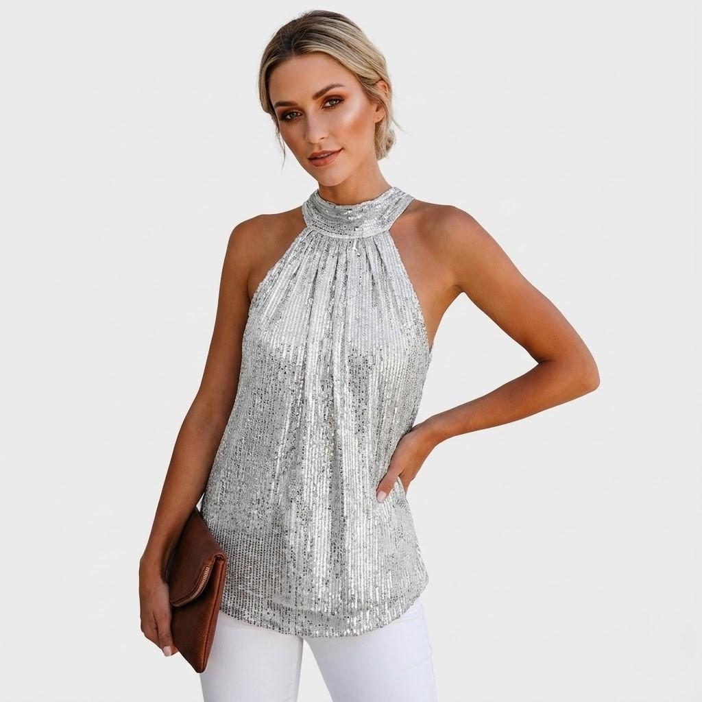 Top feminino elegante com gola halter e acabamento delicado