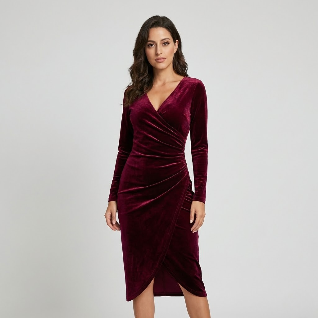 Vestido elegante em veludo suave | Corte justo cruzado | Sofisticação para ocasiões especiais