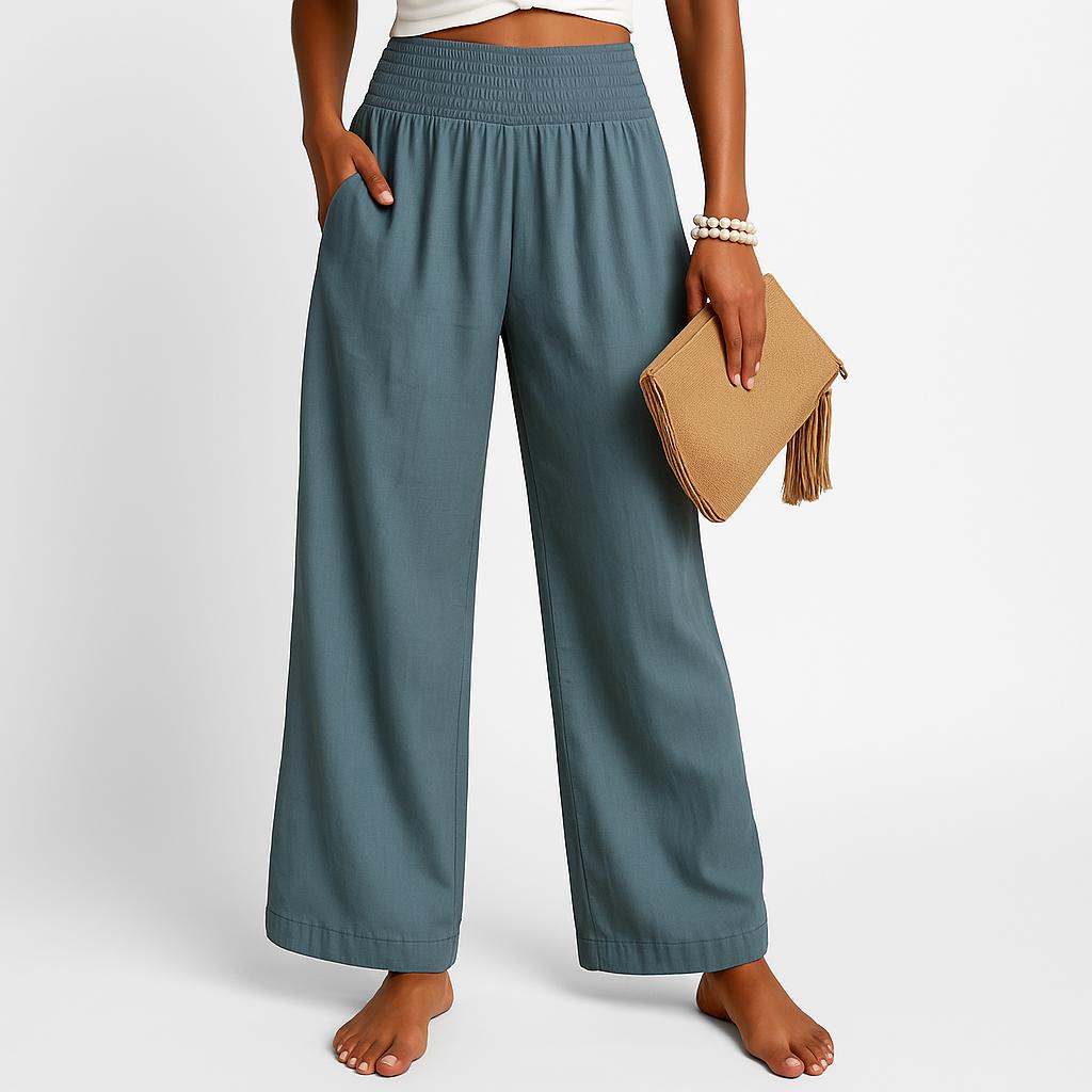 Calças largas em linho com cintura elástica