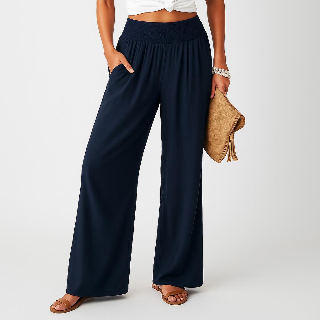 Calças largas em linho com cintura elástica