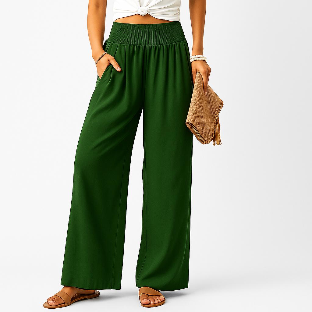 Calças largas em linho com cintura elástica