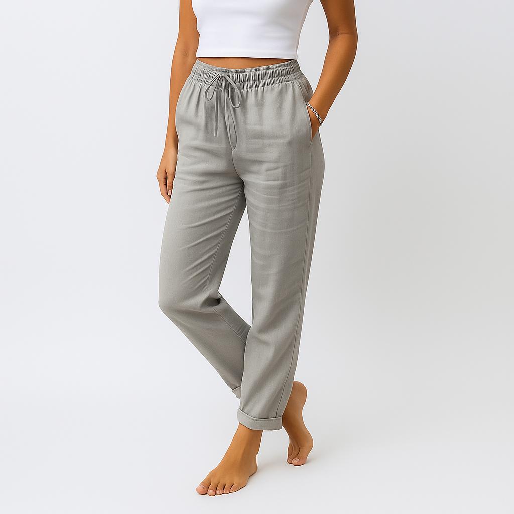 Calças leves em linho com cordão na cintura