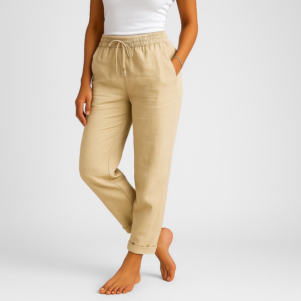 Calças leves em linho com cordão na cintura