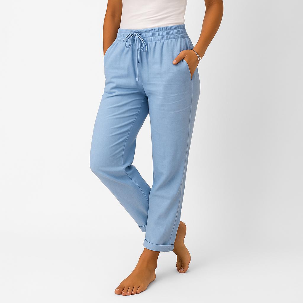 Calças leves em linho com cordão na cintura