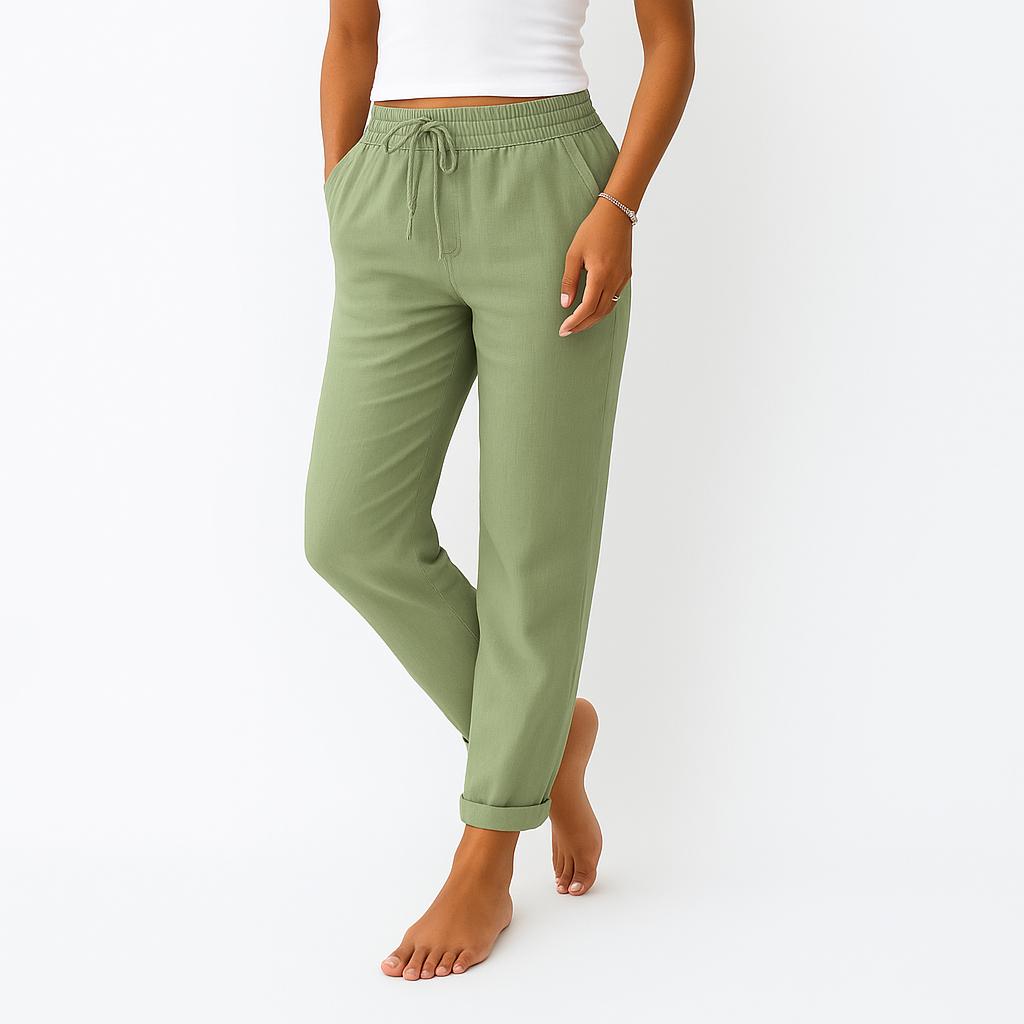 Calças leves em linho com cordão na cintura