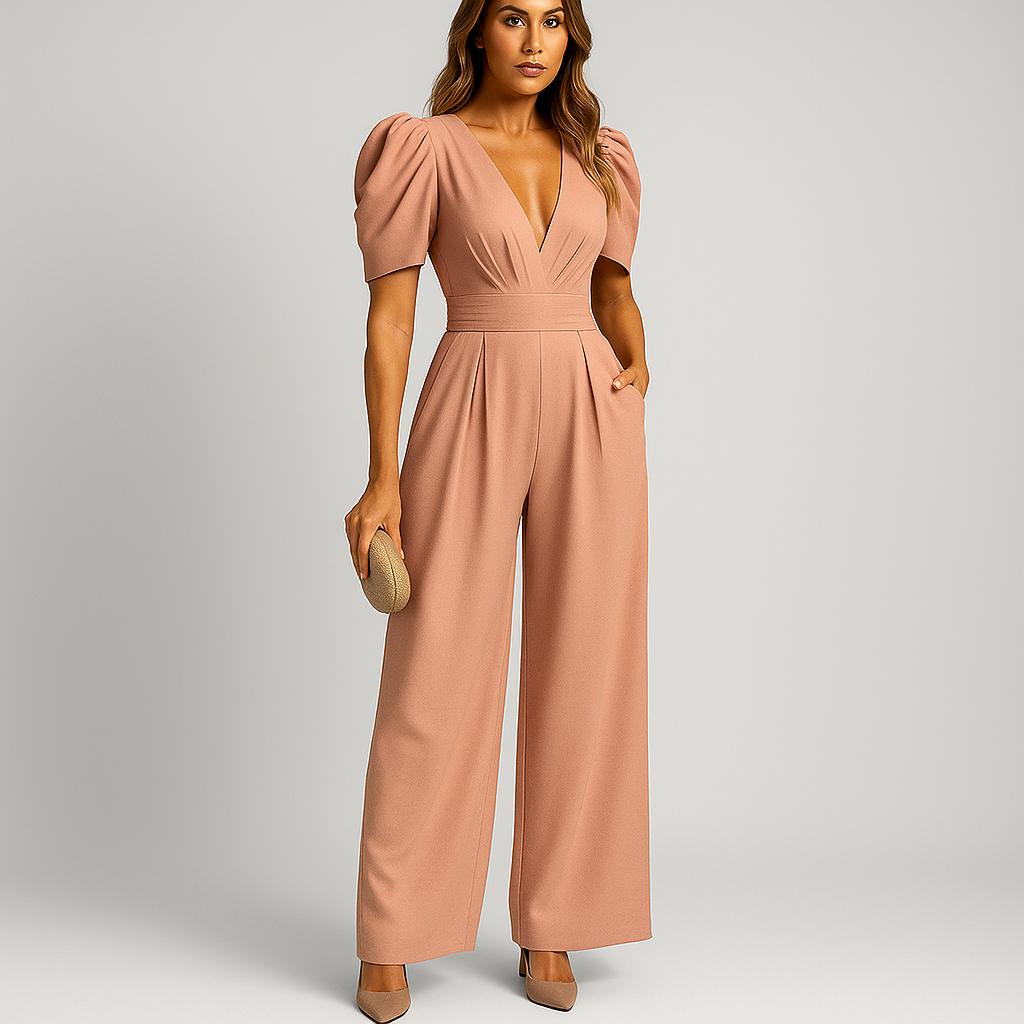 Macacão feminino longo com mangas bufantes e corte fluido