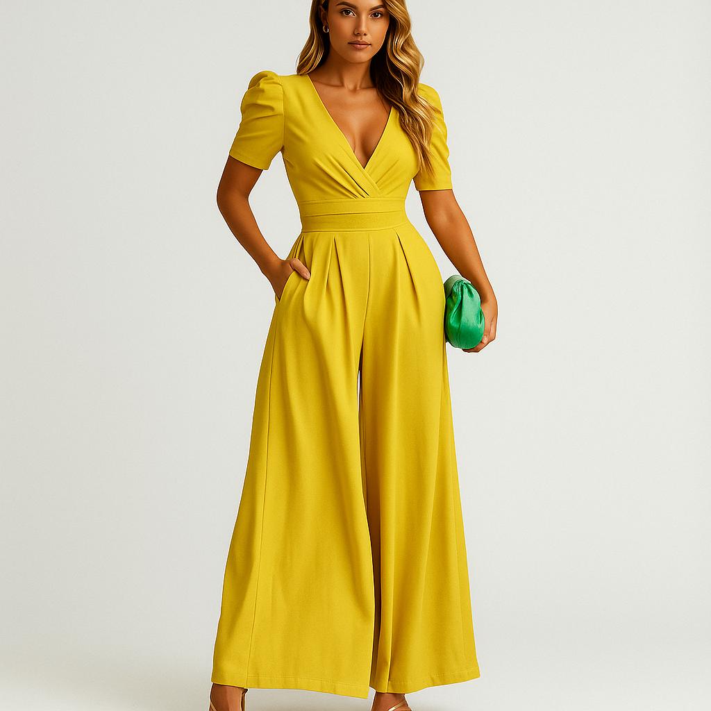 Macacão feminino longo com mangas bufantes e corte fluido