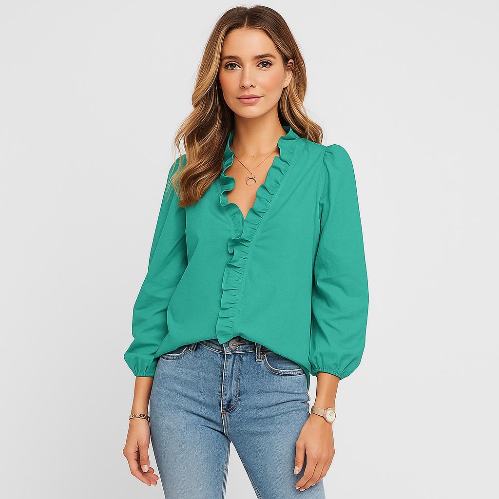 Blusa leve com folho no decote e mangas 3/4