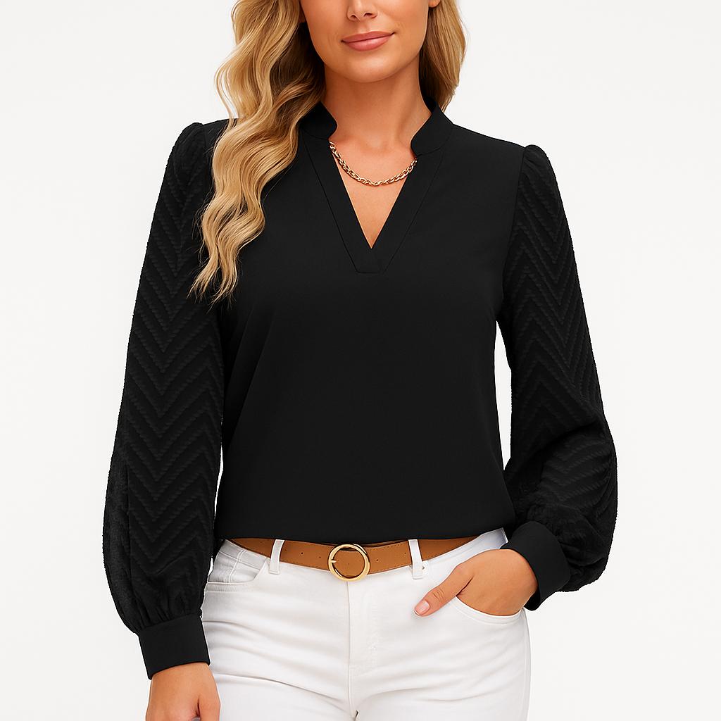 Blusa elegante com mangas texturadas e decote em V