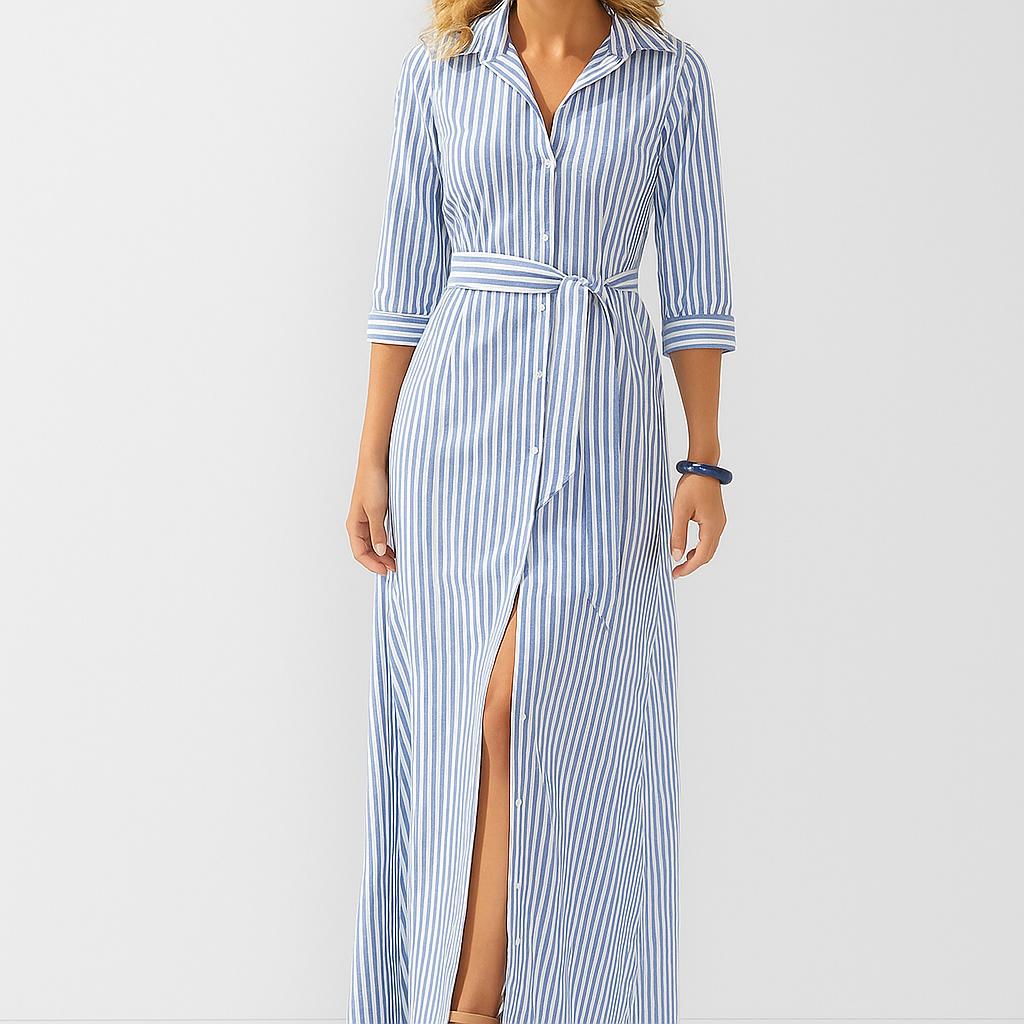 Vestido camiseiro comprido em riscas com cinto ajustável