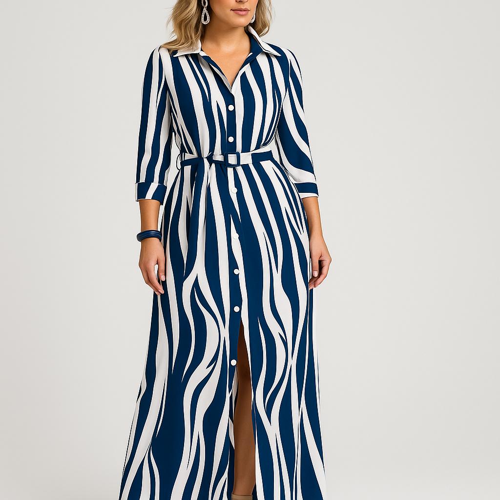 Vestido camiseiro comprido em riscas com cinto ajustável