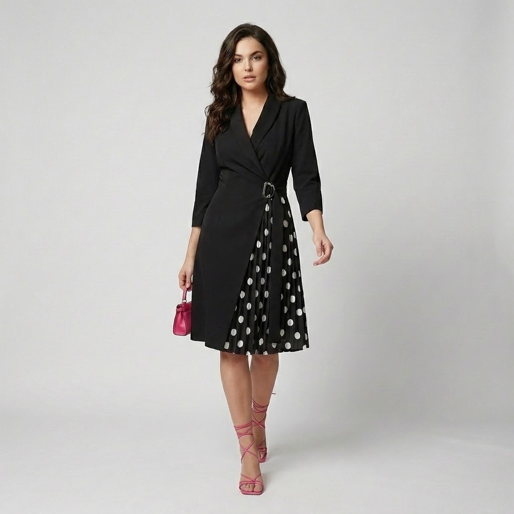 Vestido midi elegante em tecido estruturado | Corte cintado | Painel plissado contrastante