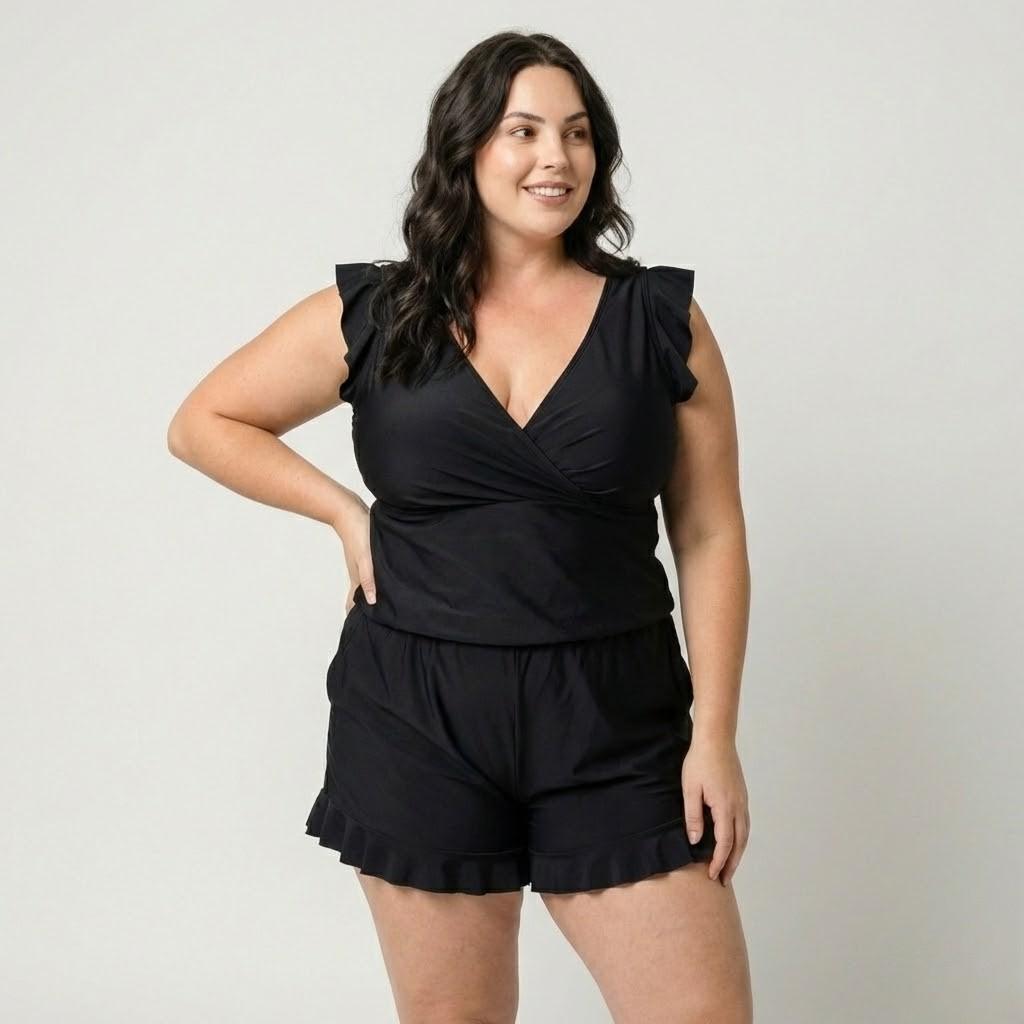 Romper elegante em tecido fluido | Corte cintado | Detalhe com folhos femininos