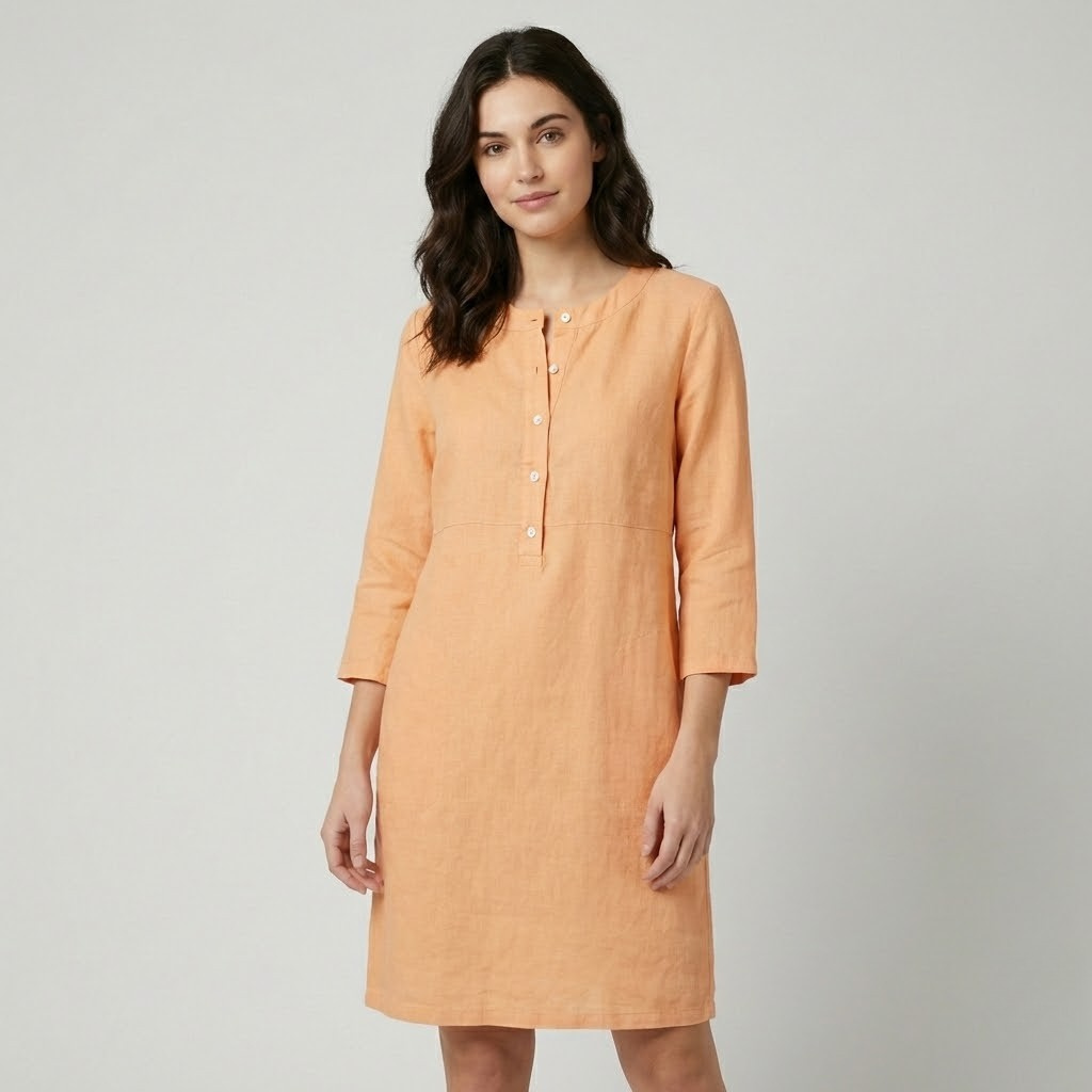 Vestido midi em linho natural | Corte direito | Elegância intemporal