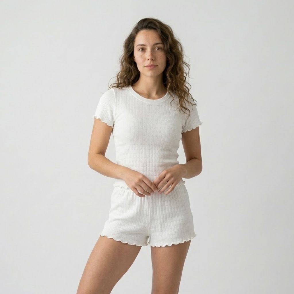 Conjunto Ajustado com Top de Manga Curta e Saia Curta com Acabamento Ondulado