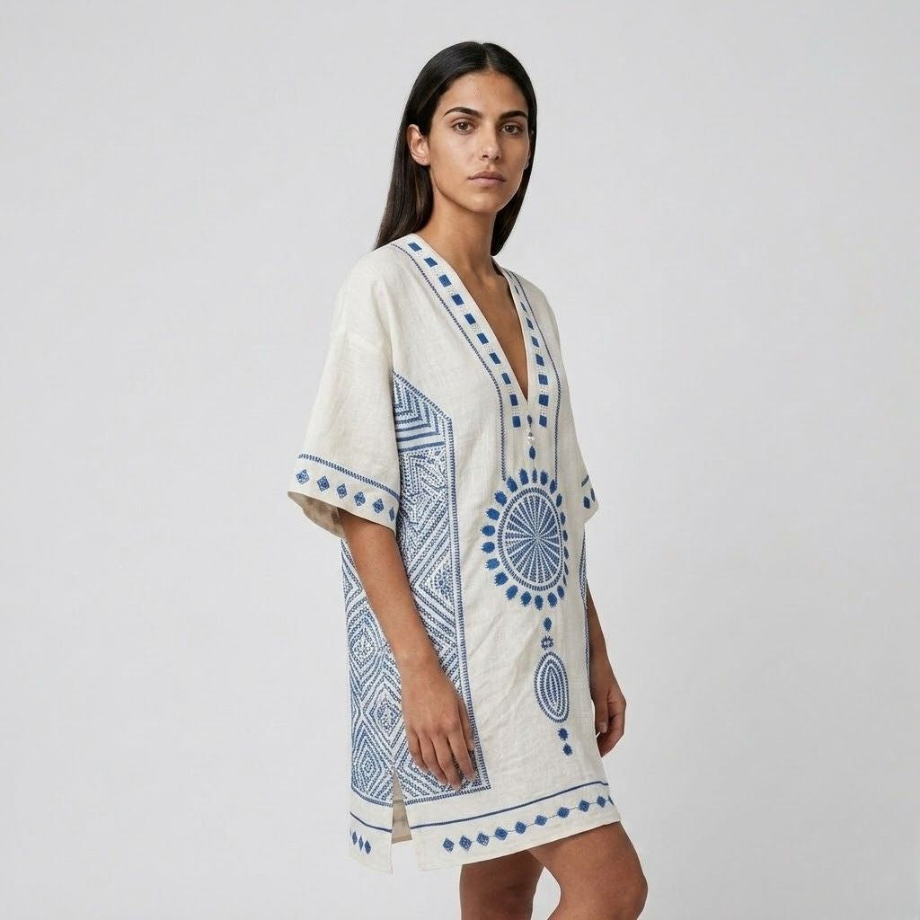 Vestido Túnica Curto com Bordado Frontal e Corte Solto de Verão